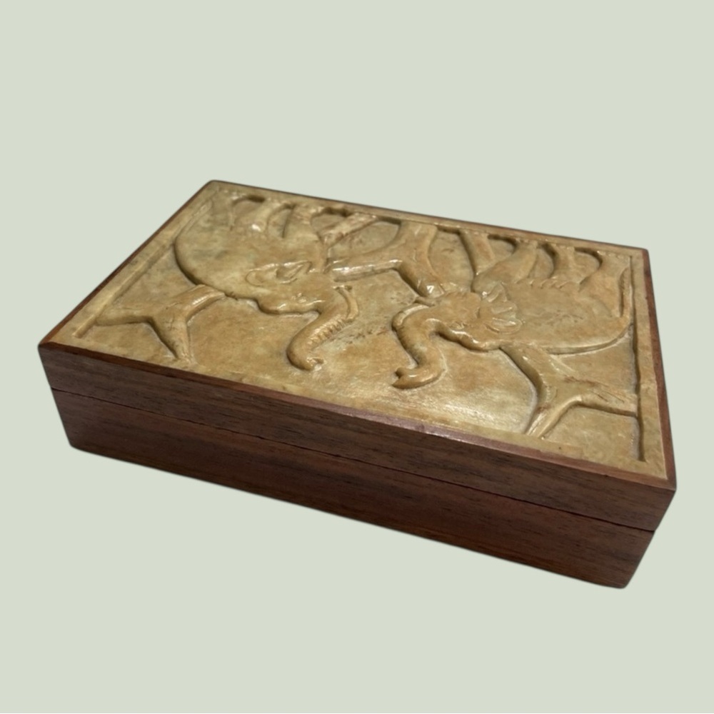 Vintage Elephant Jewelry Box Hand Carved Stone & Wood Trinket Box, boho decor - Picture 5 of 13